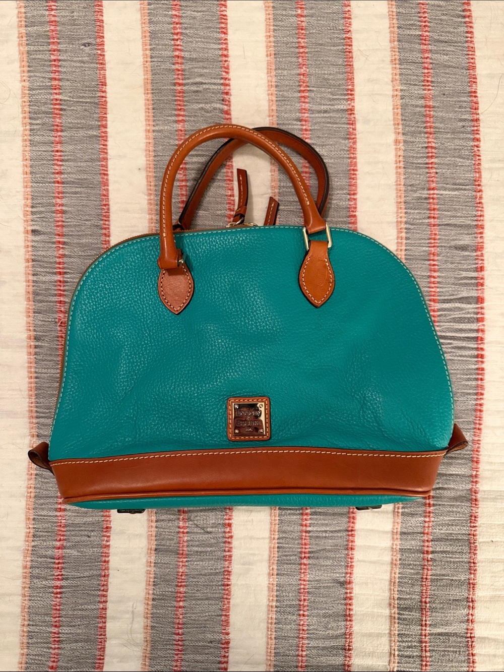 Dooney & Bourke Teal Leather Satchel with Brown Trim and Handles